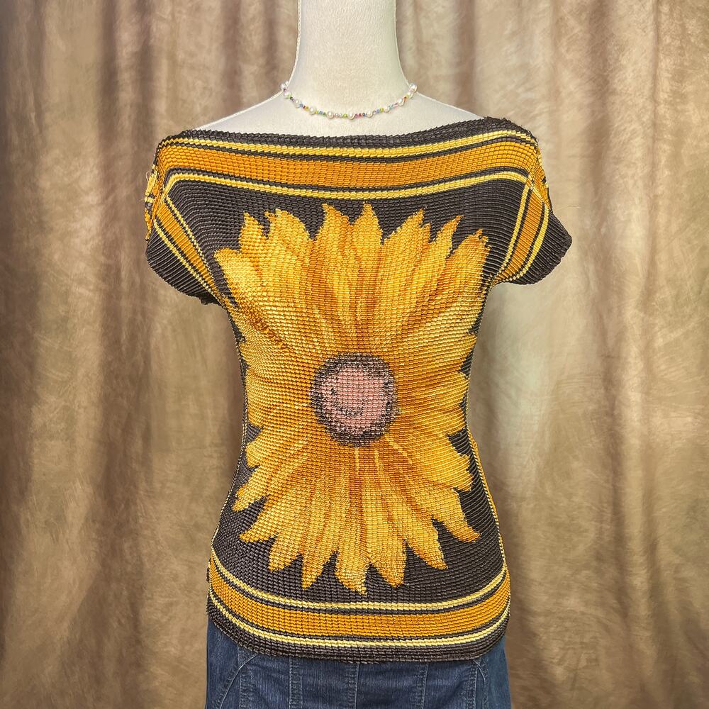Vintage Sunflower Top 90s Y2K Popcorn Bubble T-Shirt Floral Beaded Cottage Boho